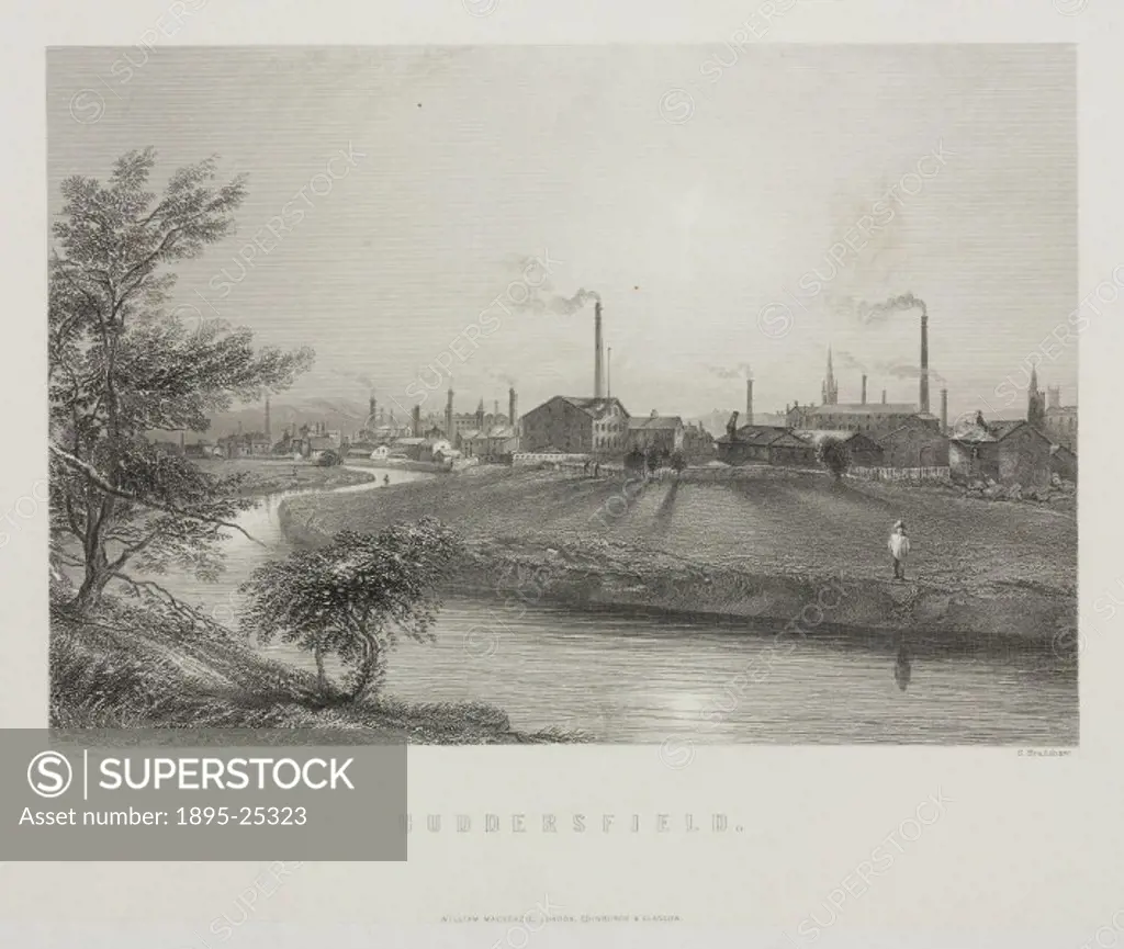 Engraving by H Warren. Industrial townscape showing the Huddersfield Narrow canal and a view of the smoking chimneys and rooftops of Huddersfield. Dur...