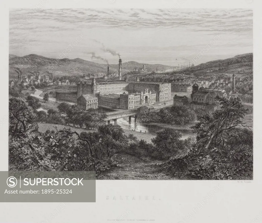 Steel engraving by William Home Lizars showing the textile mill at Saltaire, West Yorkshire. Salts Mill, situated on the bank of the River Aire near ...