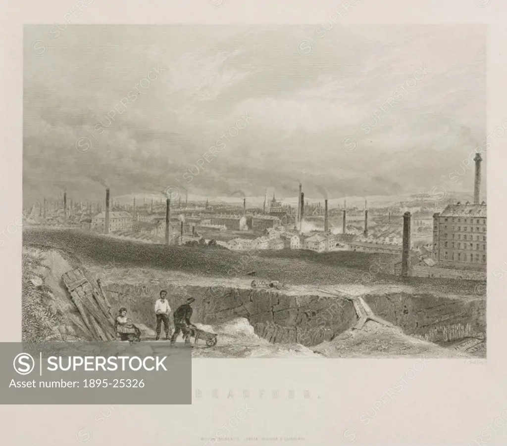 Engraving by H Warren. An industrial cityscape showing the smoking chimneys and church spires of Bradford. This city was a product of the Industrial R...