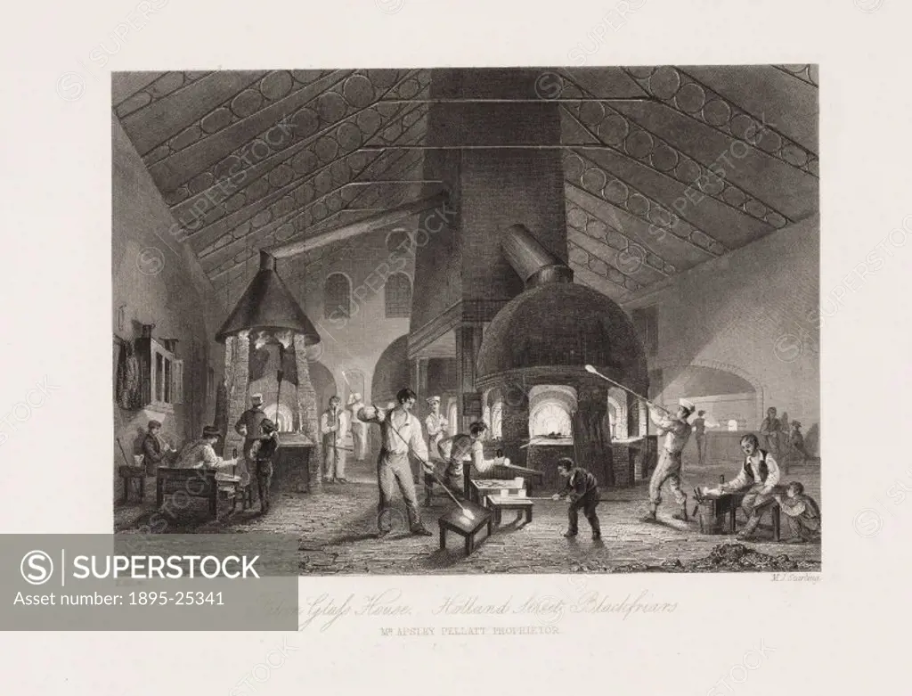 Engraving of men making glassware in the Falcon Glass House, Holland Street, at Blackfriars, in London. Some men are pouring molten glass into moulds,...