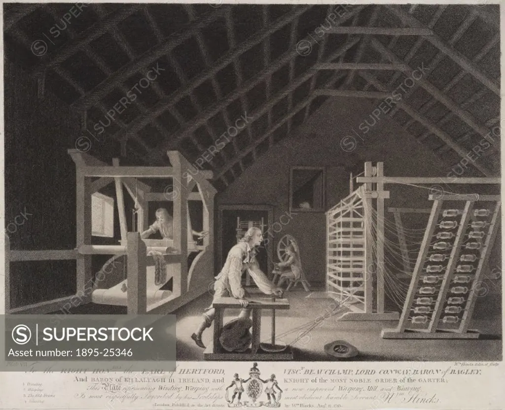 Stipple engraving by William Hincks showing the manufacture of linen. A man is spinning flax at the back of the room, while in the foreground a man is...