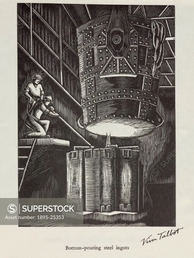 Woodcut by Viva Talbot illustrating steel making.