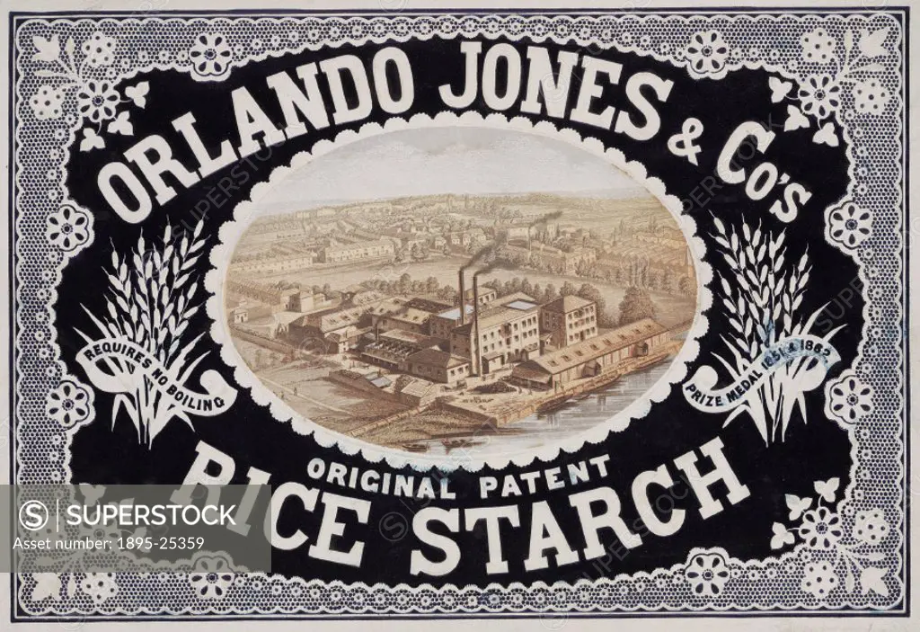 Handbill promoting the rice starch made by Orlando Jones & Company. The vignette at the centre of the card shows the companys factory in City Road, M...
