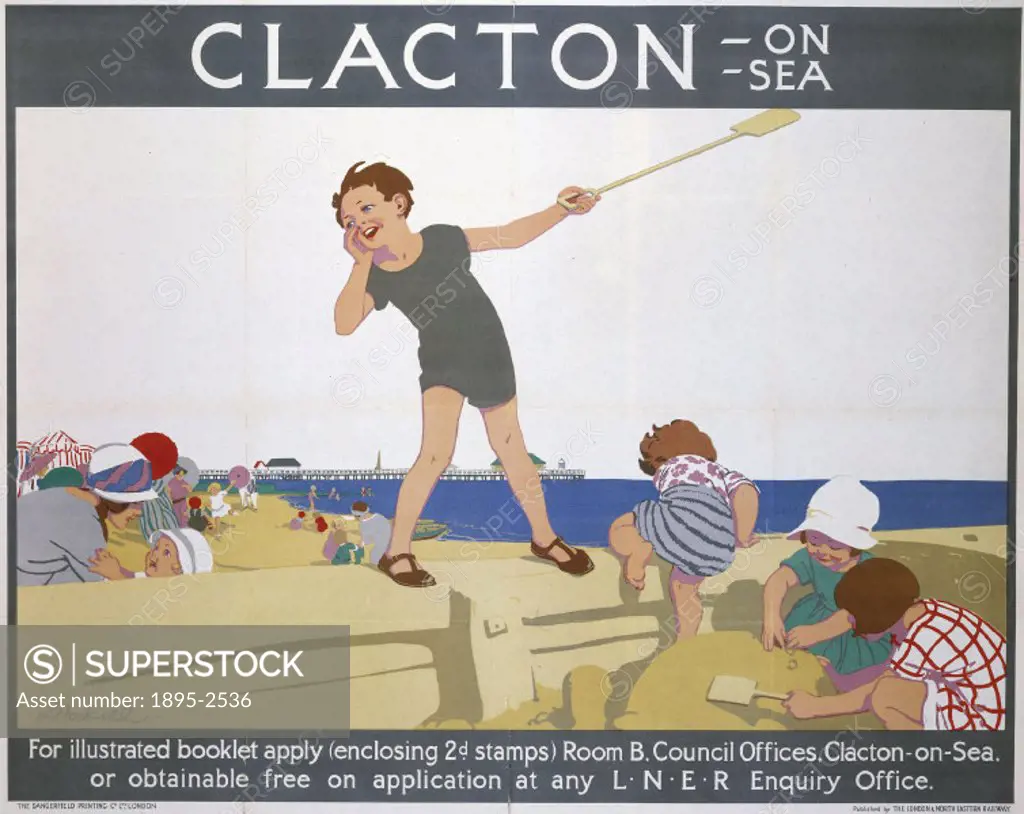 Poster produced for London & North Eastern Railway (LNER) to promote rail travel to Clacton-on-Sea, Essex. The poster shows children playing on the sa...