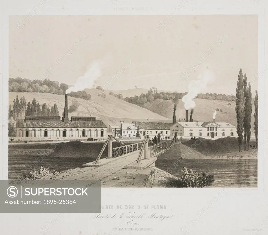 Lithograph by Vanderhecht after is own drawing showing the buildings of the zinc and lead factories in Prayou, Belgium. In the foreground a bridge is ...