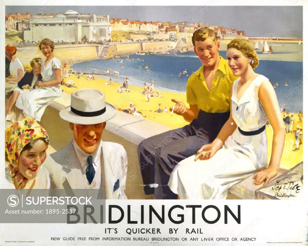 Poster produced for London & North Eastern Railway (LNER) to promote rail travel to the coastal resort of Bridlington in Yorkshire. Artwork by Septimu...