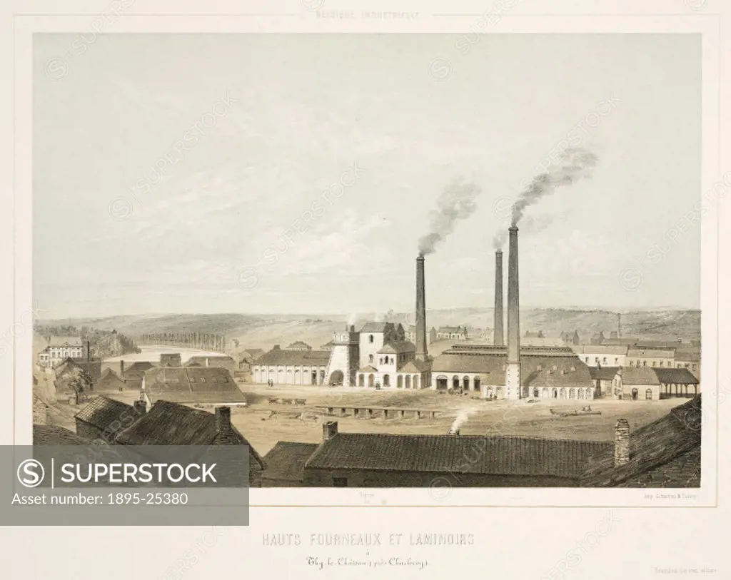 Lithograph by Canelle after his own drawing showing Thy-le-Crateau steelworks with its distinctive tall chimneys above the furnaces and the rolling mi...