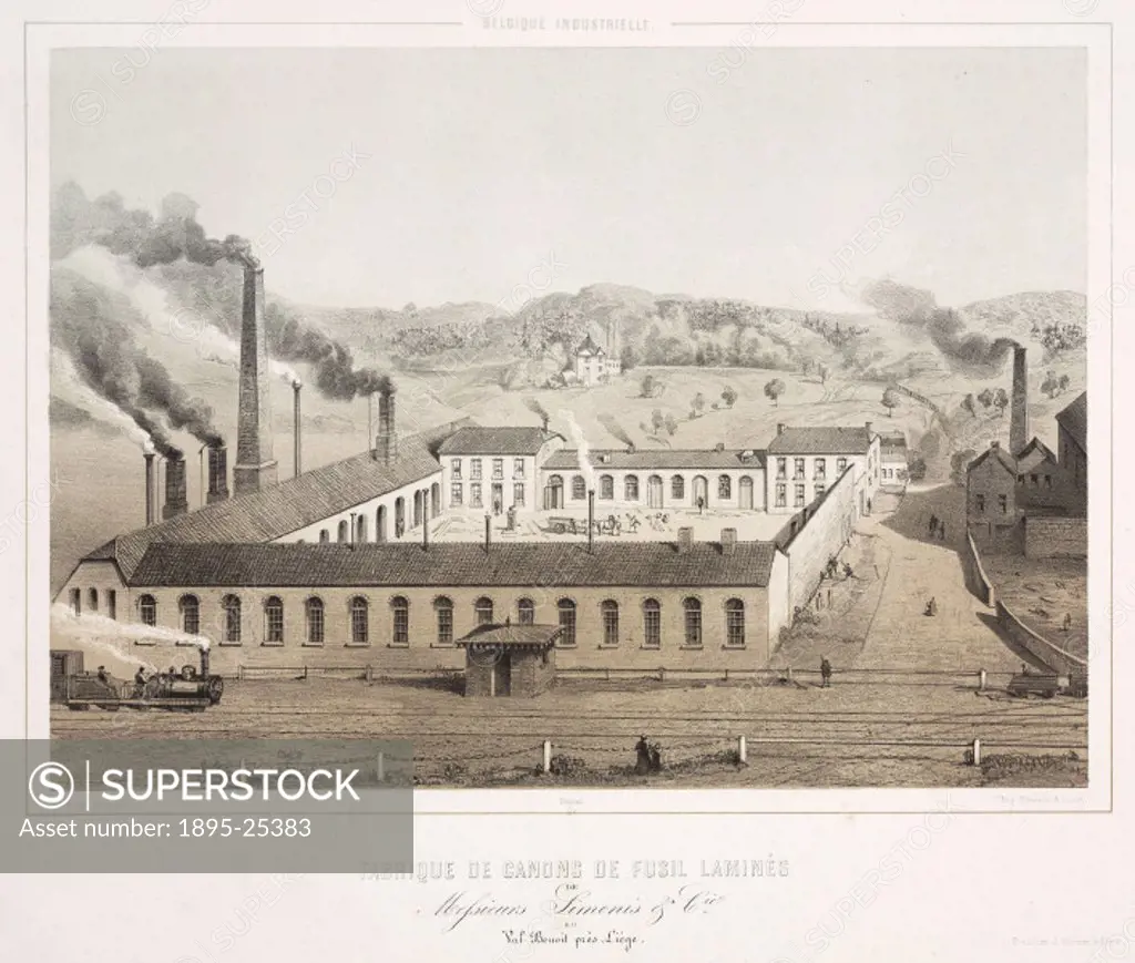 Lithograph by E Toovey after his own drawing showing a large armaments factory in full production. In the foreground a steam train is passing.