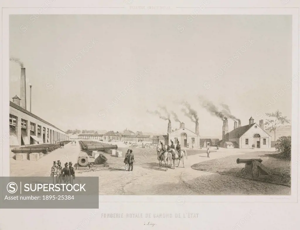 Lithograph by E Toovey after his own drawing showing a Royal state cannon foundry with cannon parts on the left and a completed cannon in the foregrou...