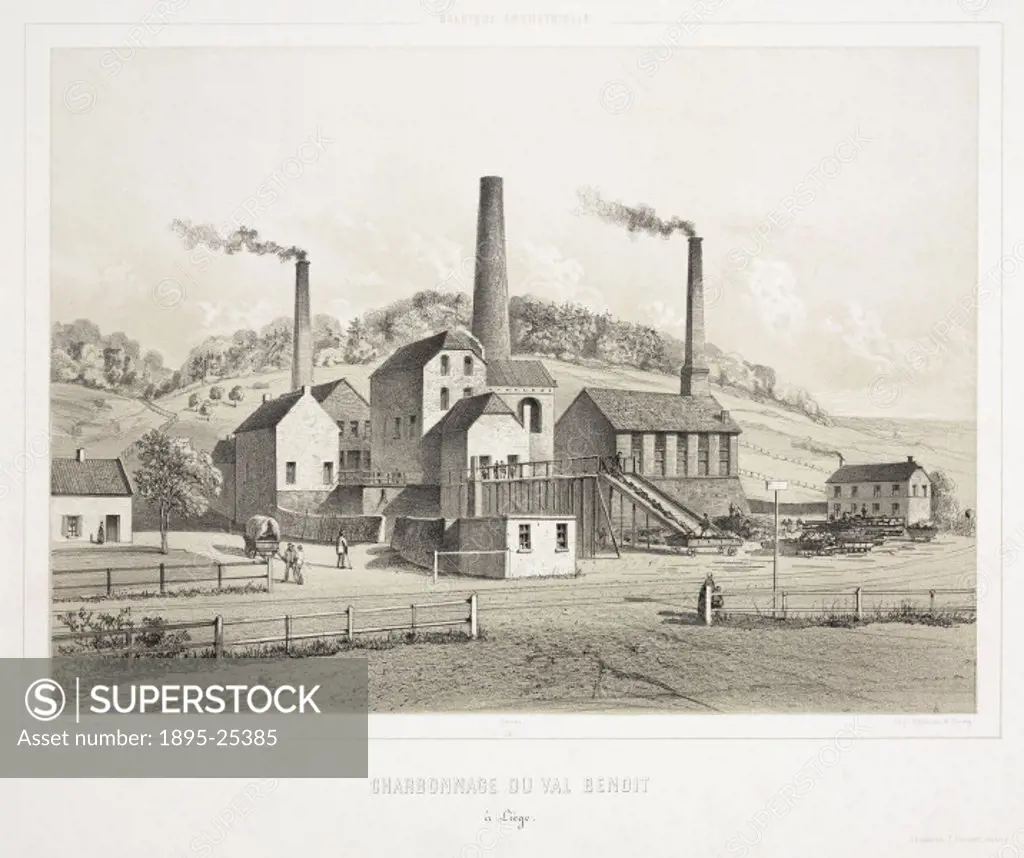 Tinted lithograph by Toovey entitled Charbonnage du Val Benoit a Liege’. Illustration of the colliery at Val Benoit in Liege, Belgium. From a series ...