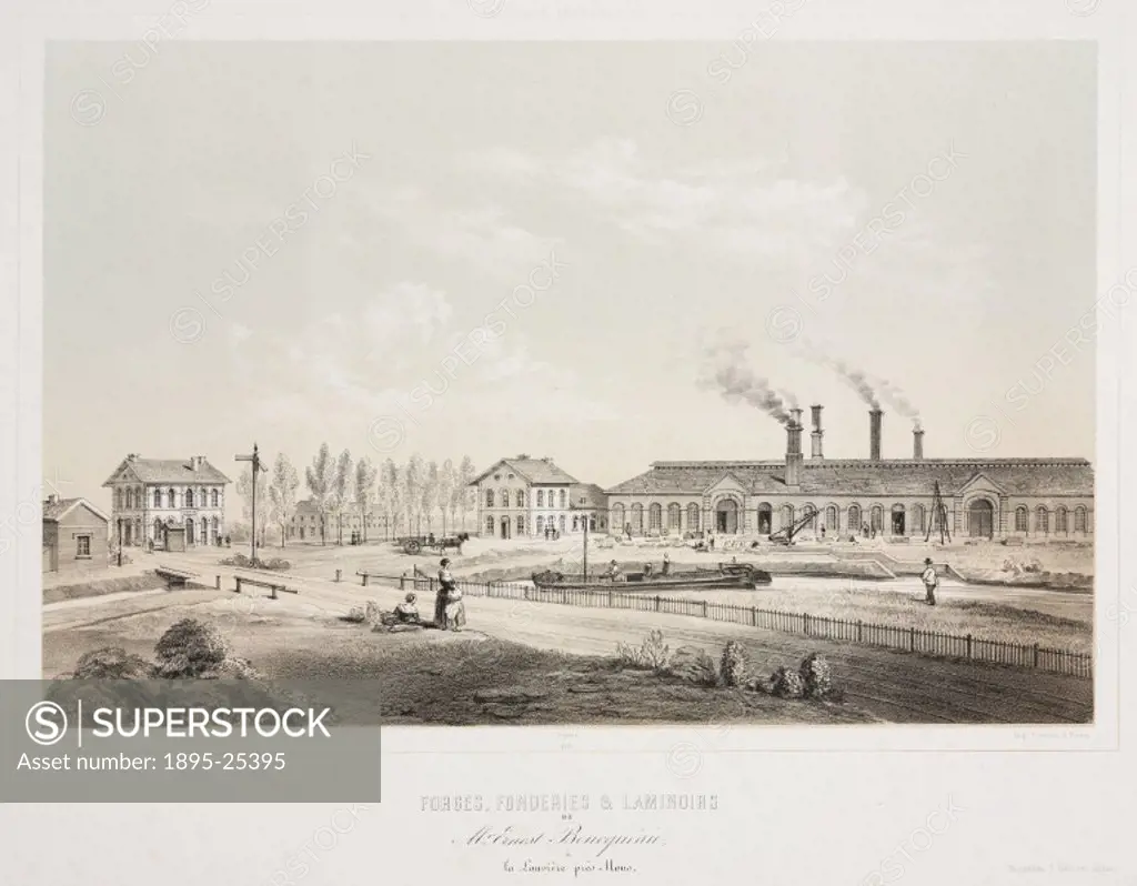 Lithograph by Canelle after his own drawing showing the factories of Ernest Boucquaeu in Belgium in an industrious setting including workers, smoking ...
