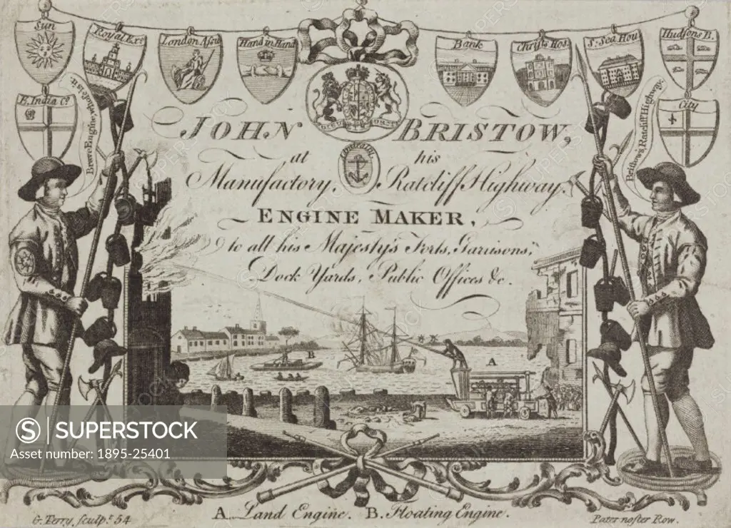 John Bristow was engine maker to George IIs forts, garrisons, dock yards and public offices. His trade card depcits a man on either side with a naval...