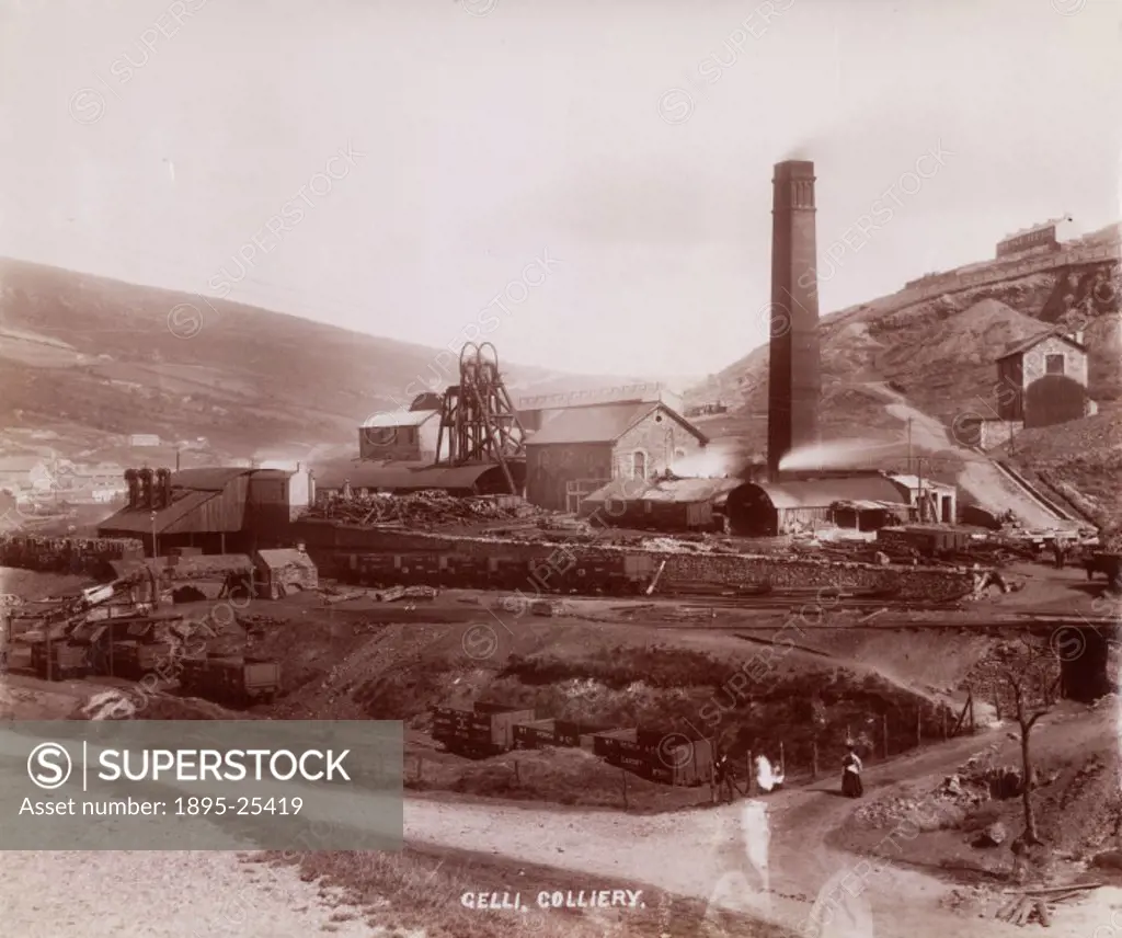 Albumen photographic print  showing Gelli Colliery, including chimneys, cottages and a railway.