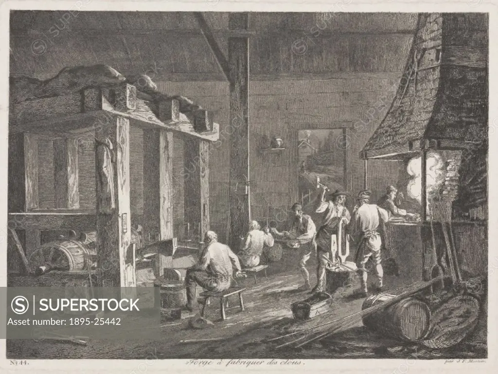 Engraving by J F Martin entitled Forge a fabriquer des clous’ (Forge for manufacturing nails) showing the interior of a forge with six men working wi...