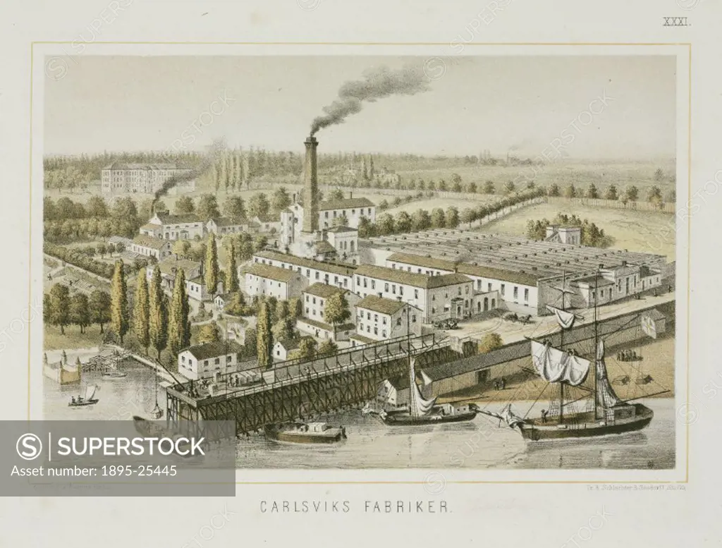 Colour lithograph showing the Carlsviks Fabriker’ (Carlsviks Factory) in Carlsviks (Karlsvik), Stockholm, Sweden. This factory was used for the manuf...