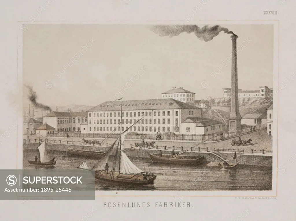 Colour lithograph showing an exterior view of Rosenlunds Fabriker’ (Rosenlunds Factory), Rosenlunds, Stockholm, Sweden. Boats are shown in the foregr...