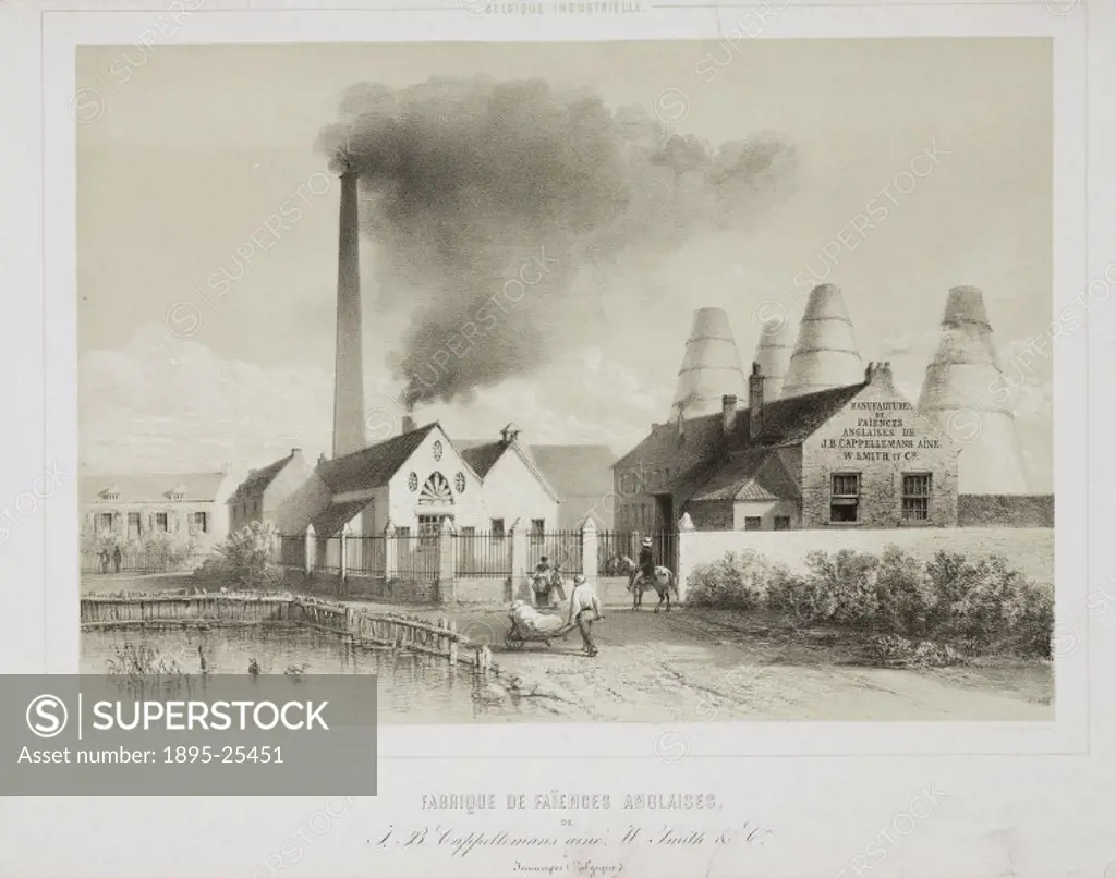Tinted lithographic print by Edwin Toovey of a factory manufacturing majolica in Belgium. Majolica is a type of earthenware that was popular during th...