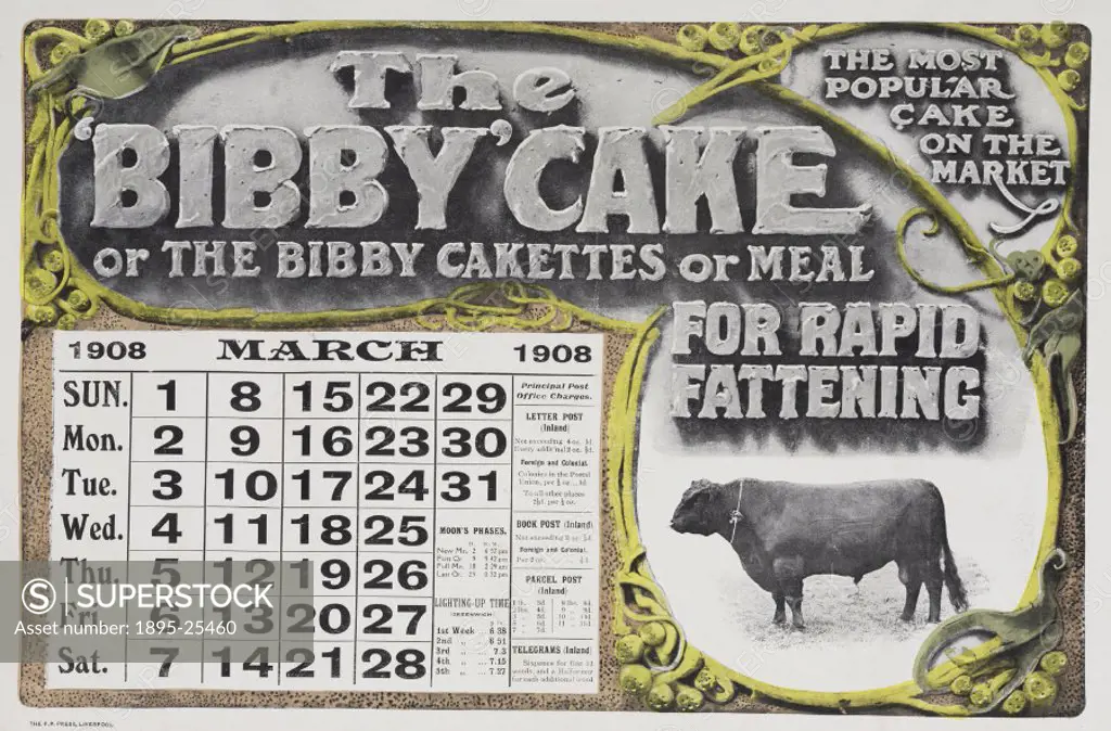 The March page of Bibbys promotional calendar of 1908 features an advertisement for ‘The Bibby Cake, for ‘rapid fattening of livestock. The page fe...