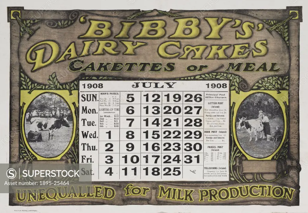 The July page of Bibbys promotional calendar of 1908 features an advertisement for ‘Dairy Cakes, cakes made of meal for dairy cows. Alongside the im...