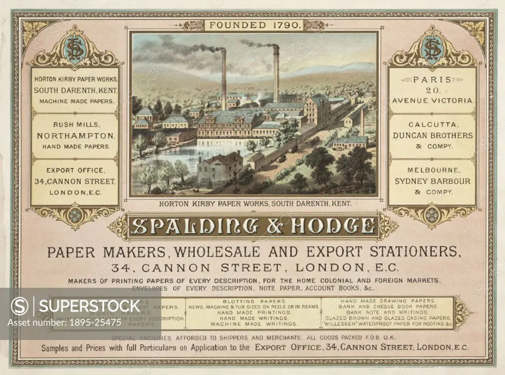The trade advertisement of Spalding & Hodge features an illustration of their Horton Kirby works in Kent.
