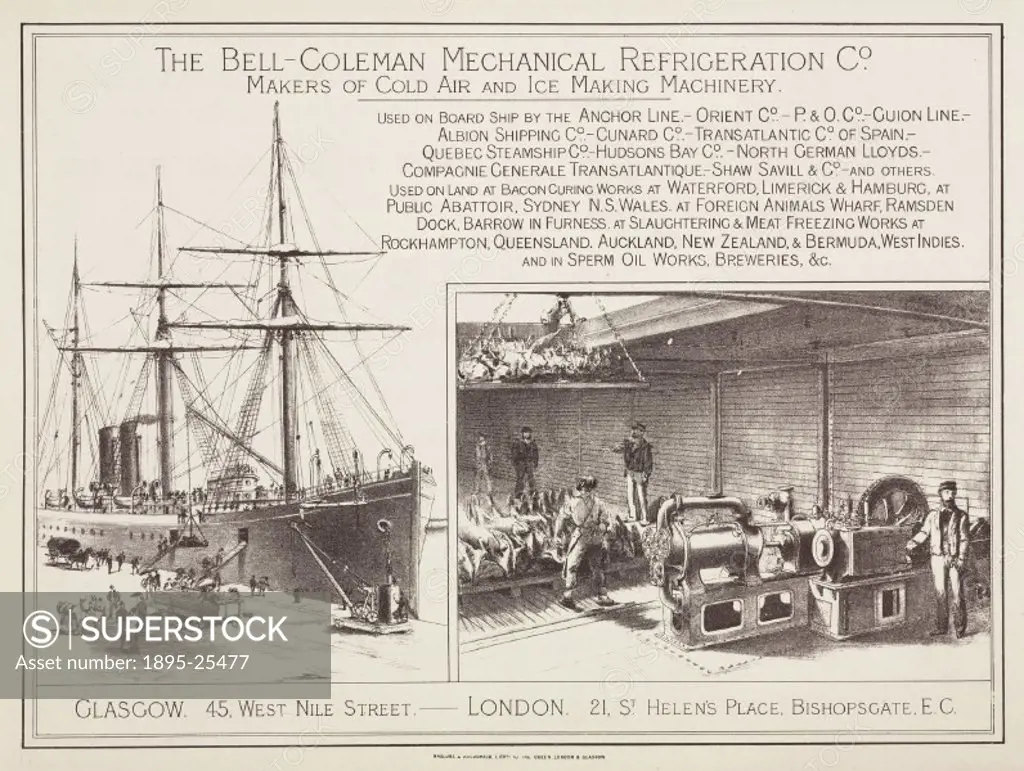 The Bell-Coleman Mechanical Refrigeration Company of London and Glasgow were Makers of Cold Air & Ice-Making Machinery’ for use aboard ships. The adv...