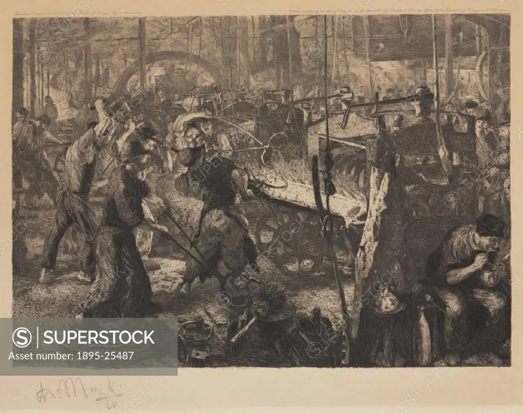 Etching by W Manfield showing a crowded scene of men working in a foundry surrounded by tools.