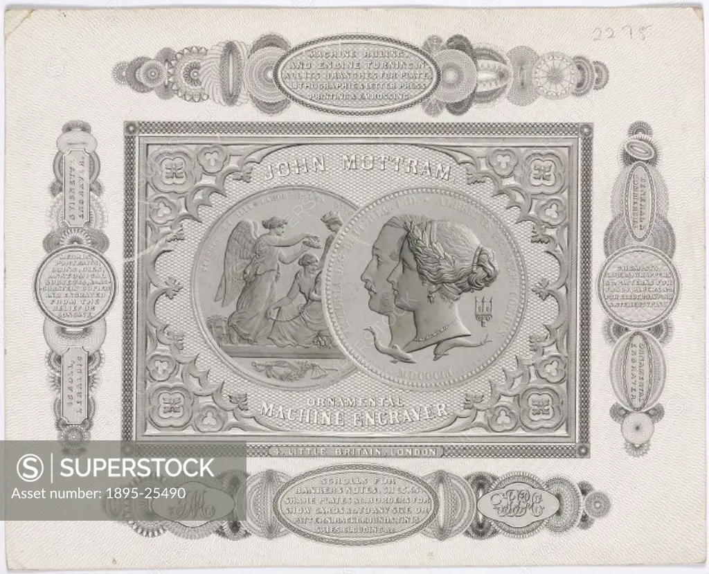 Trade card of John Mottram, engraver, c 1851.John Mottram was an ornamental machine engraver producing designs for banknotes and medals. The trade car...