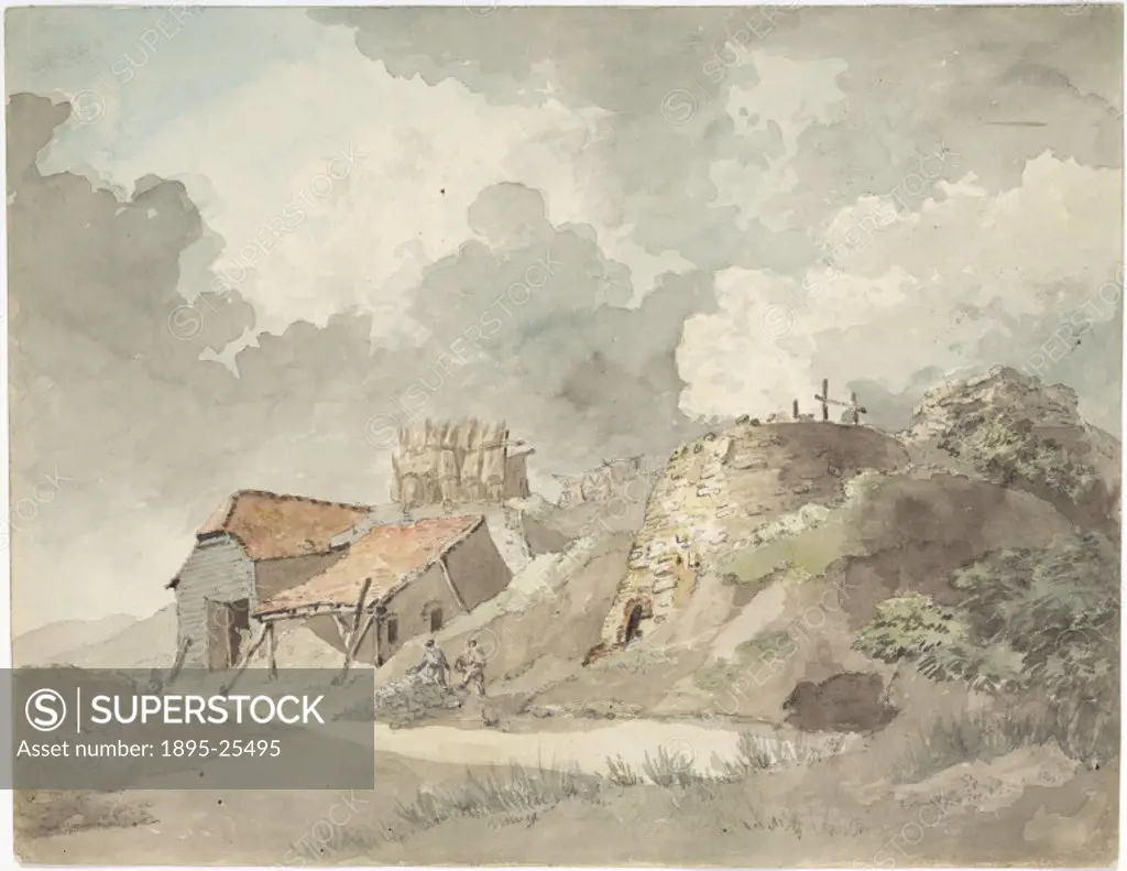 Watercolour and pencil drawing attributed to P J de Loutherbourg of lime kilns at Coalbrookdale in Shropshire, showing a  brick kiln with smoke, sheds...