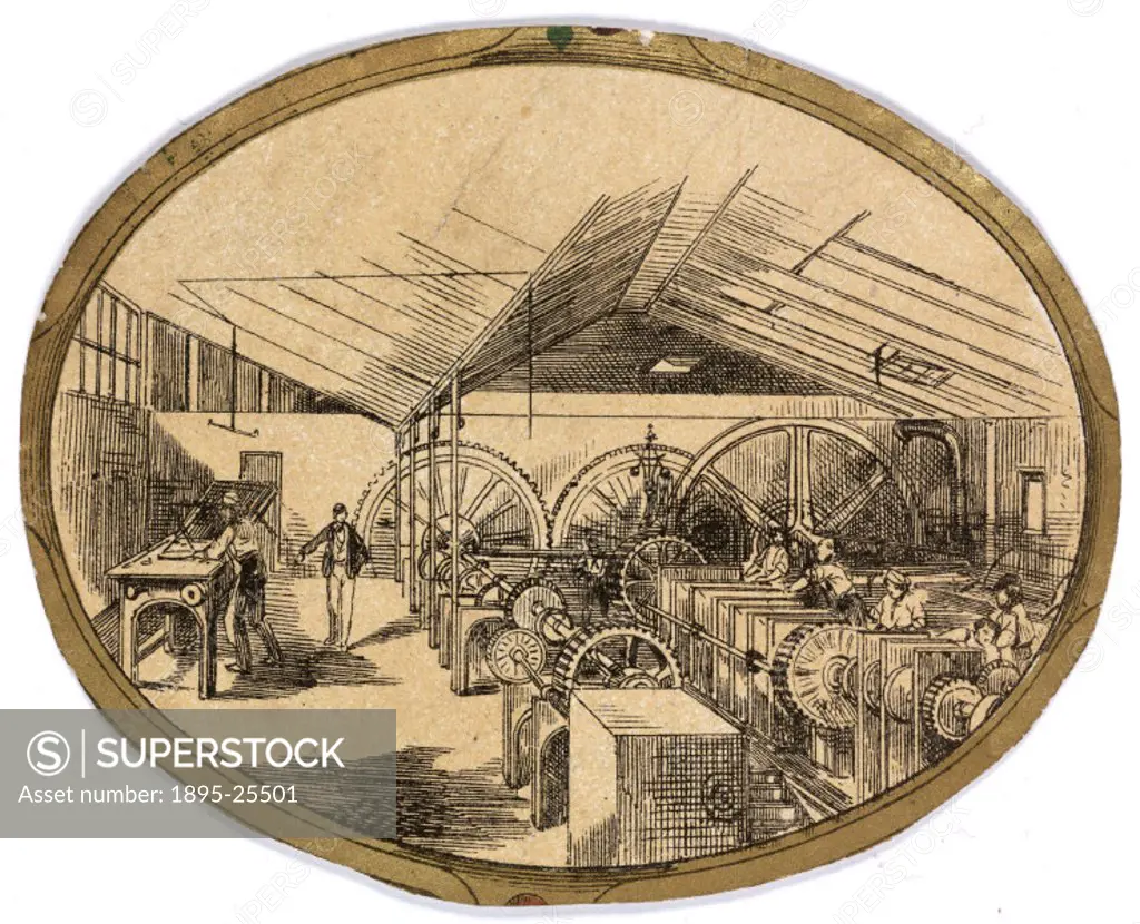 Engraving in a gilt-edged roundel, showing factory workers and steam-powered machinery at Spill´s textile waterproofing works. Established in 1844, Ge...