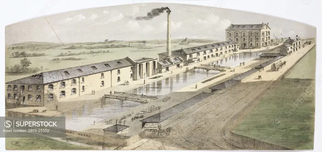 Lithograph showing the Waterproofing Works of George Spills & Co including the canalside, sailing barges at staithe, outbuildings, wagons and the tall...