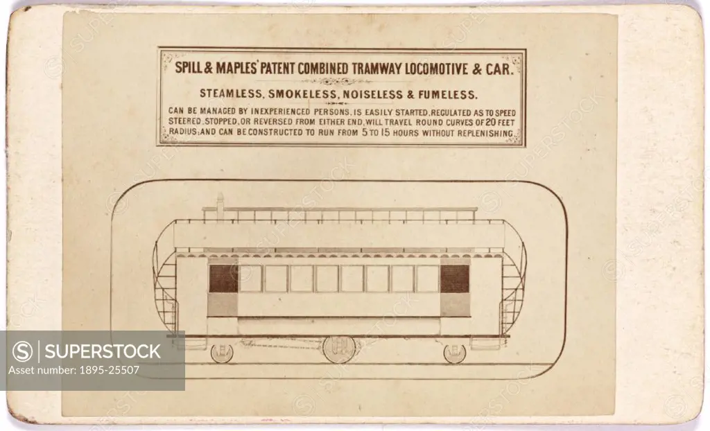 Carte-de-visite illustrating Spill & Maples combined tramway, locomotive and car, described as ‘steamless, smokeless, noiseless and fumeless´ . Above...