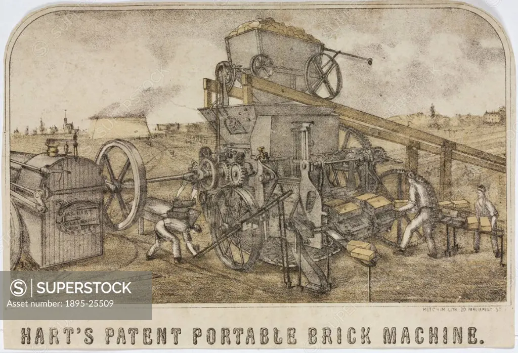 Lithograph by J Basire depicting two interacting machines, one with a front boiler plate.
