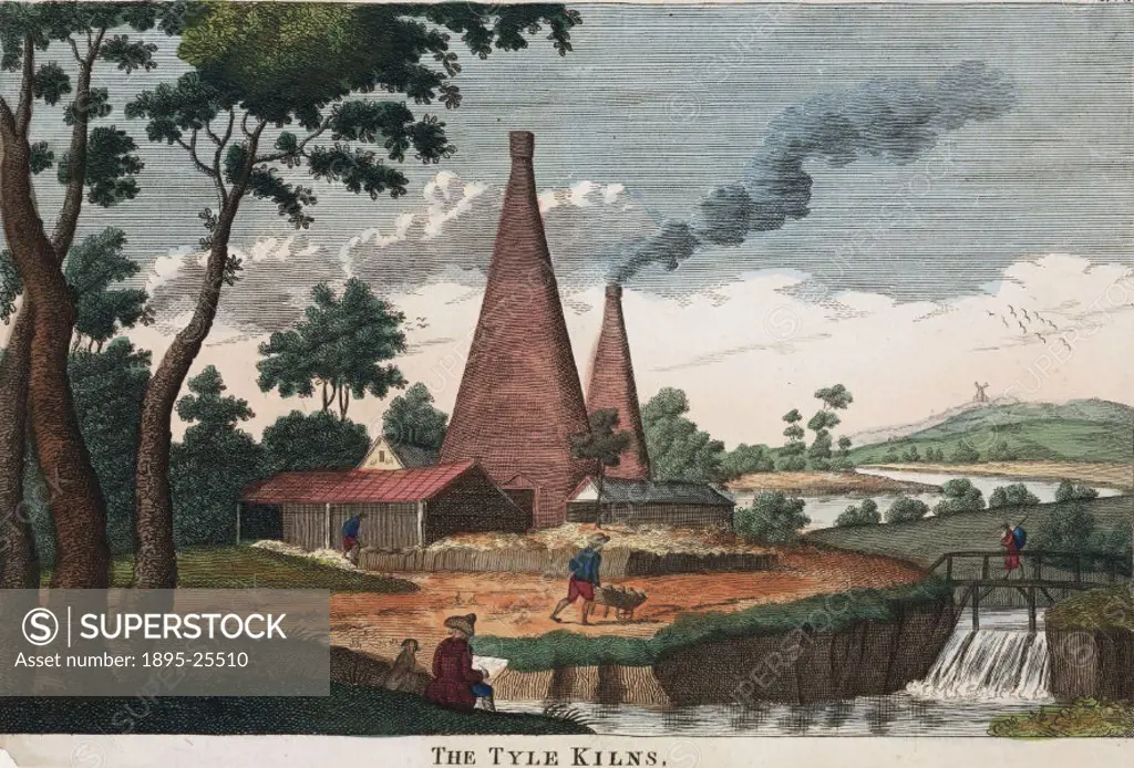 Hand-coloured etching depicting a factory with two kilns, one of which is smoking, and outhouses. In front of the kilns two men can be seen working, o...