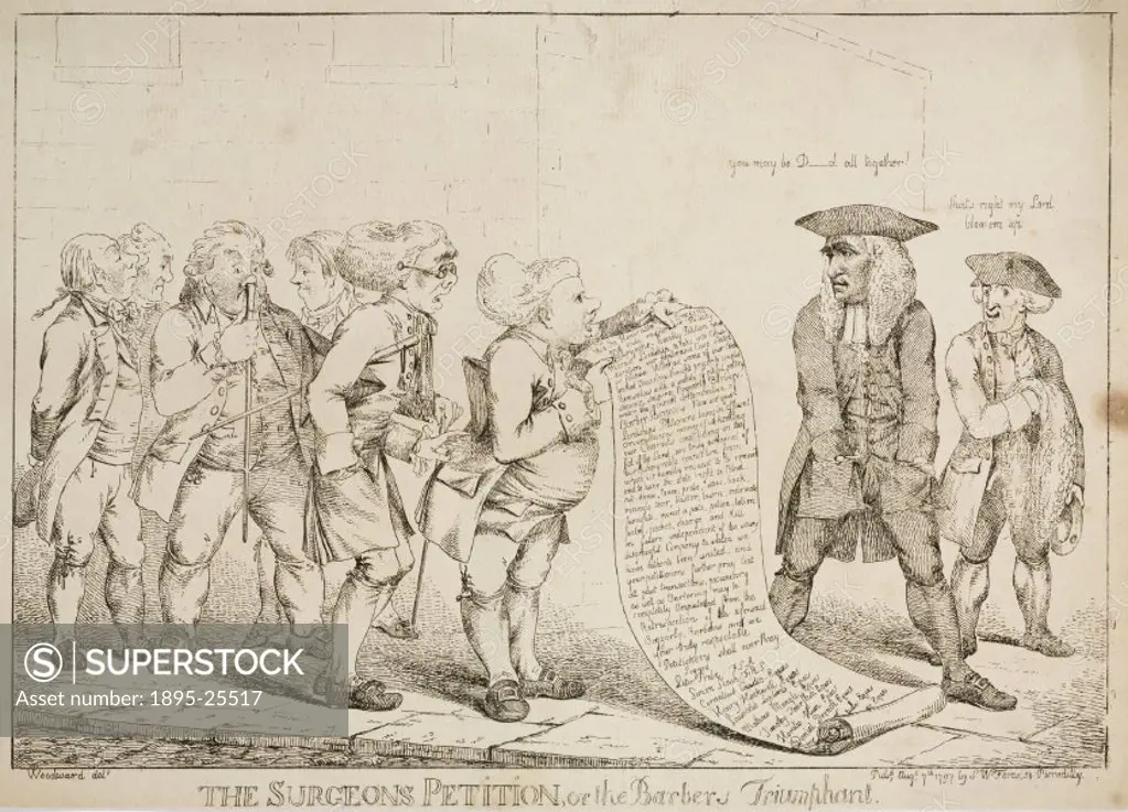 Etching by George Moutard Woodward. A group of surgeons presents a petition to his Morose Lordship’, requesting that they no longer be associated wit...