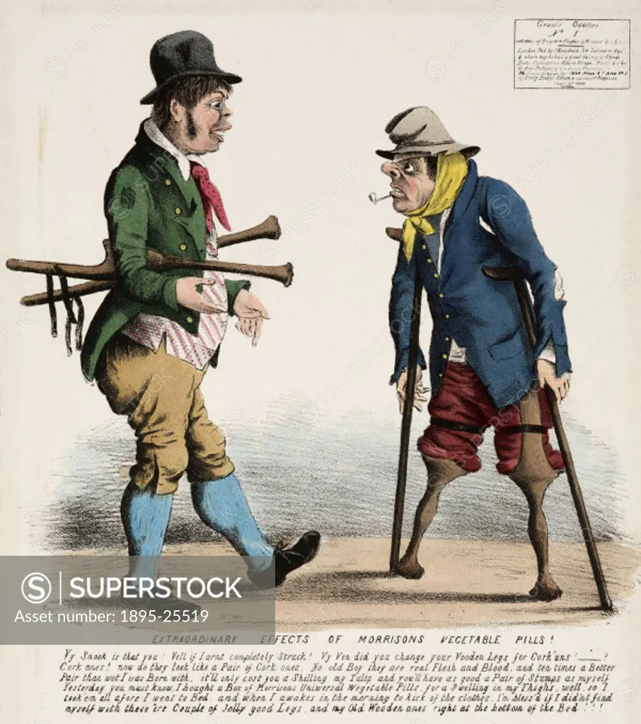 Coloured lithograph satirising quack medicine, published by J Kendrick of Leicester Square, London on 10 January 1834, showing two men, one with two w...