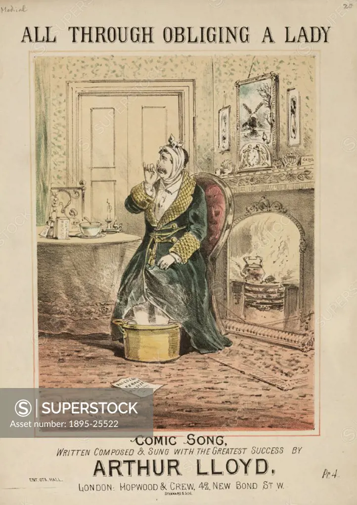 Music cover for a comic song written, composed and sung by Arthur Lloyd, showing a man with a bandage round his head soaking his feet in a bucket besi...