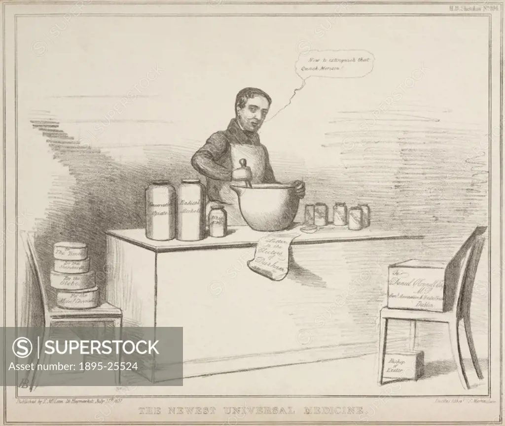 Etching, H B sketches No 494 published by T McLean of London. Political satire featuring a pharmacist mixing ´ingredients´ with a pestle and mortar.