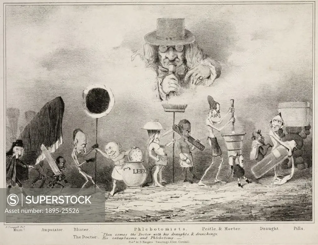 Lithograph on india paper after a drawing by Crowquill, showing a line of imp-like figures carrying equipment and other items associated with phleboto...