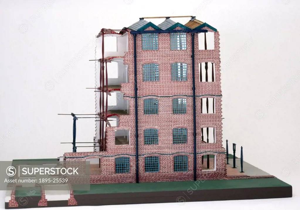 Model of Bages flax mill at Shrewbury (built in 1797), constructed by Cecil A. Hewett. Three quarter exterior view of building.