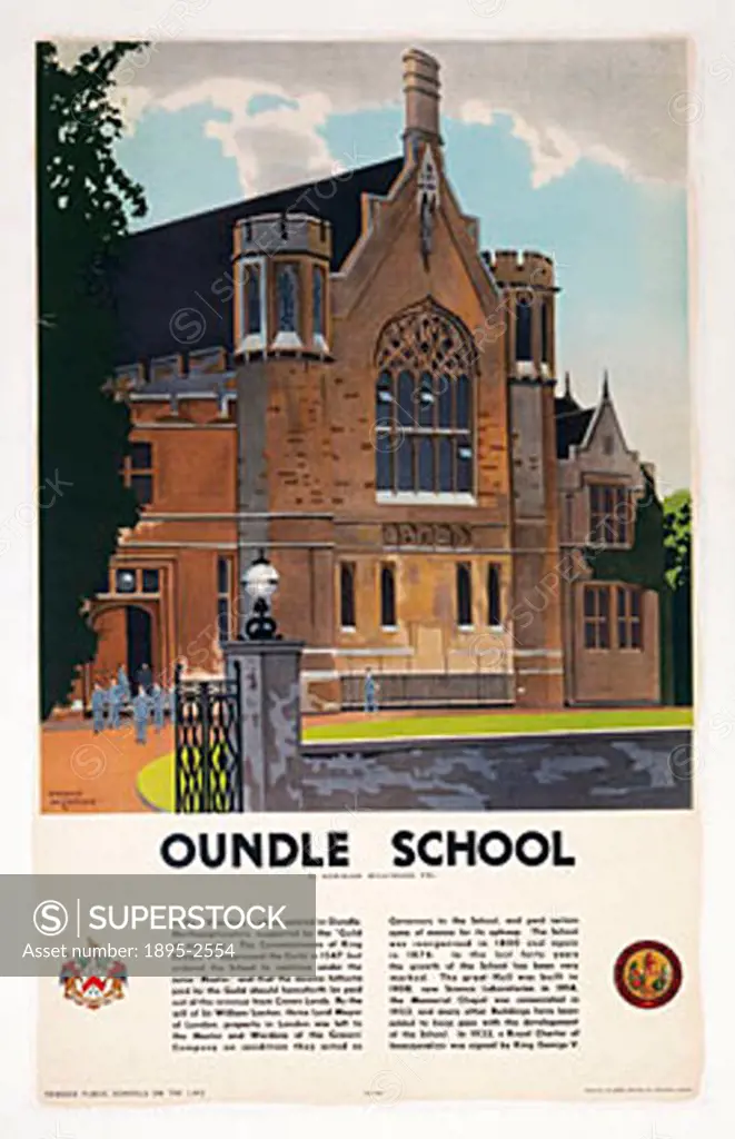 Poster produced for the London Midland & Scottish Railway (LMS) showing part of the exterior of the public school, which was founded by the ´Guild of ...