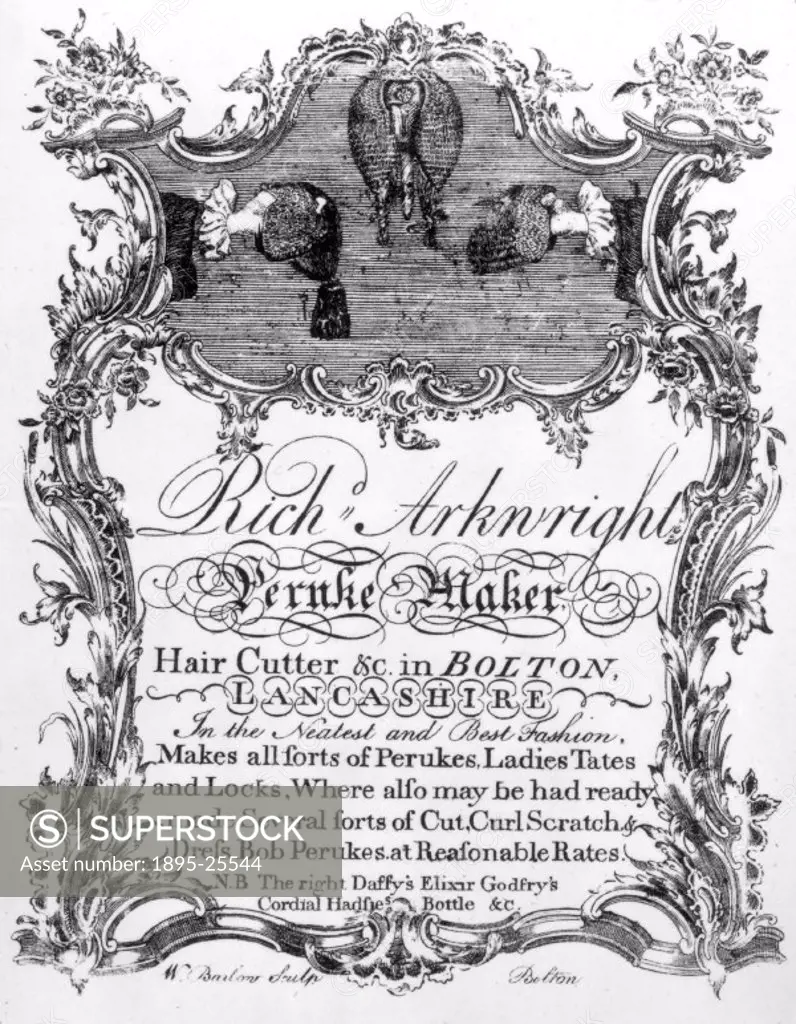 Engraving by W Barlow. The trade card features a description of the services Richard Arkwright offered and the items he sold. The description is frame...