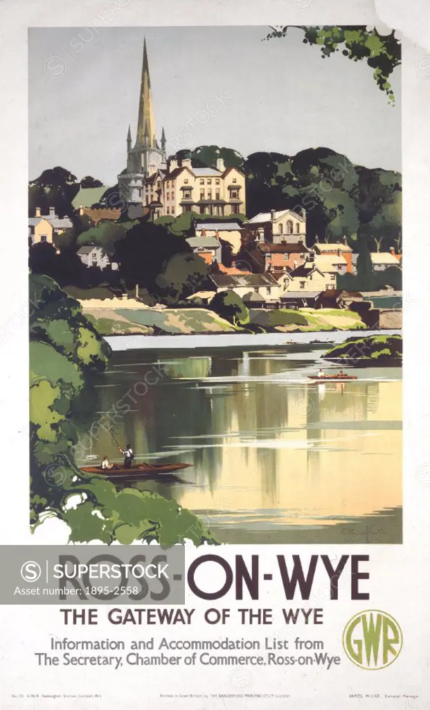 Poster produced for the Great Western Railway (GWR) to promote rail services to Ross-on Wye, Herefordshire. The poster shows a picturesque view of the...
