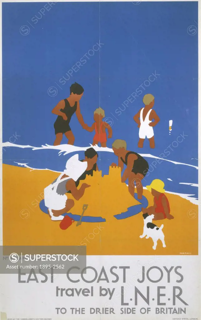 Poster produced by London & North Eastern Railway (LNER) to promote rail travel to the East coast of England.  This poster, entitled Safe Sands’, was...