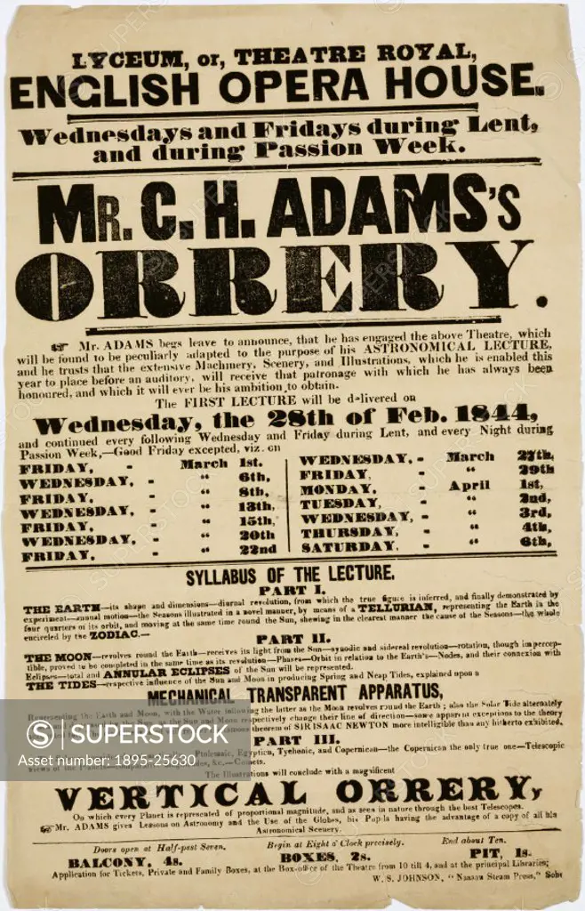 Handbill advertising a series of lectures on astronomy to be given at the Lyceum, or the Theatre Royal, English Opera House by C H Adams. The lectures...
