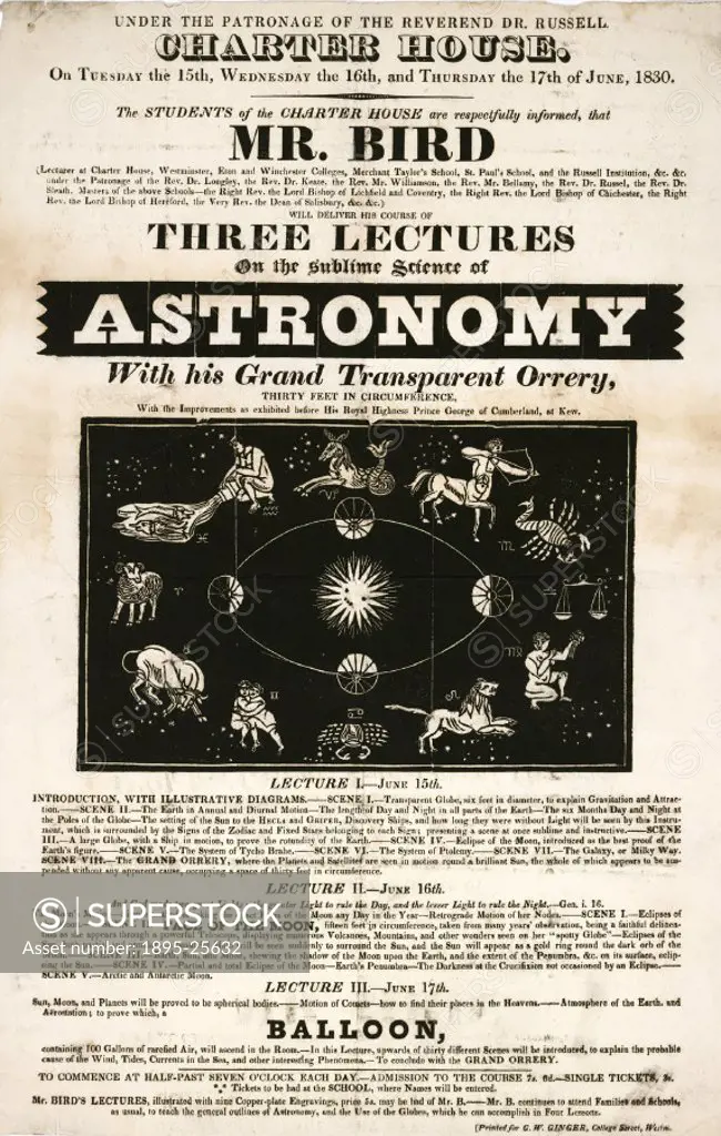Handbill advertising a series of lectures on astronomy to be given on the 15-17 June 1830 to the students of Charter House, Westminster, London by Mr ...
