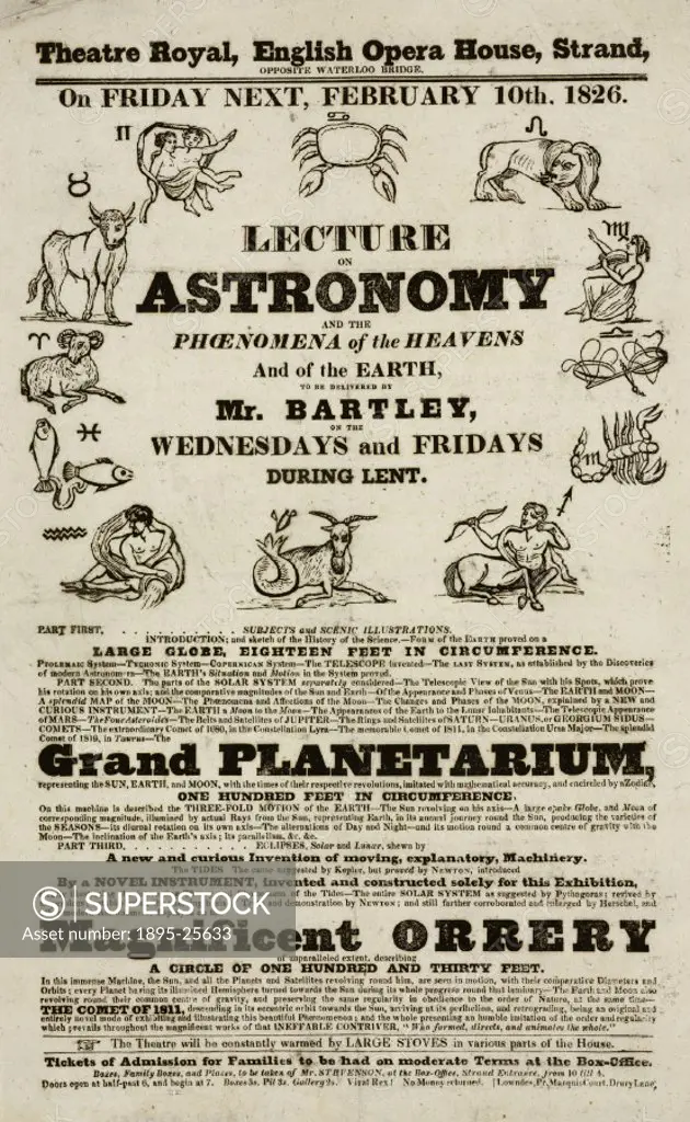 Handbill advertising a series of lectures on astronomy and the phenomena of the heavens and earth to be given at the Theatre Royal, English Opera Hous...