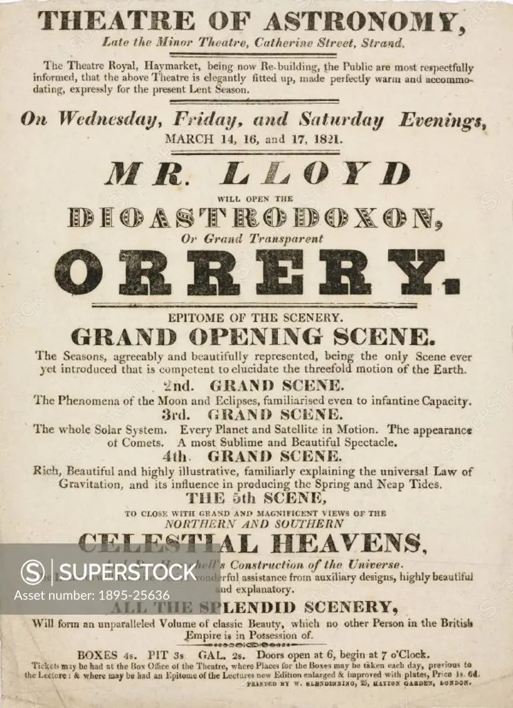 Handbill advertising astronomical lectures illustrated with a demonstration of the Dioastrodoxon’ or Grand Transparency Orrery’,at the Minor Theatre...