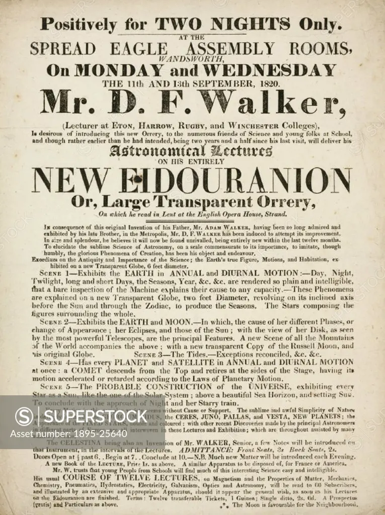 Handbill advertising astronomical lectures by Mr D F Walker, including a demonstration of the Eidouranion’ or Large Transparency Orrery’, at the Spr...