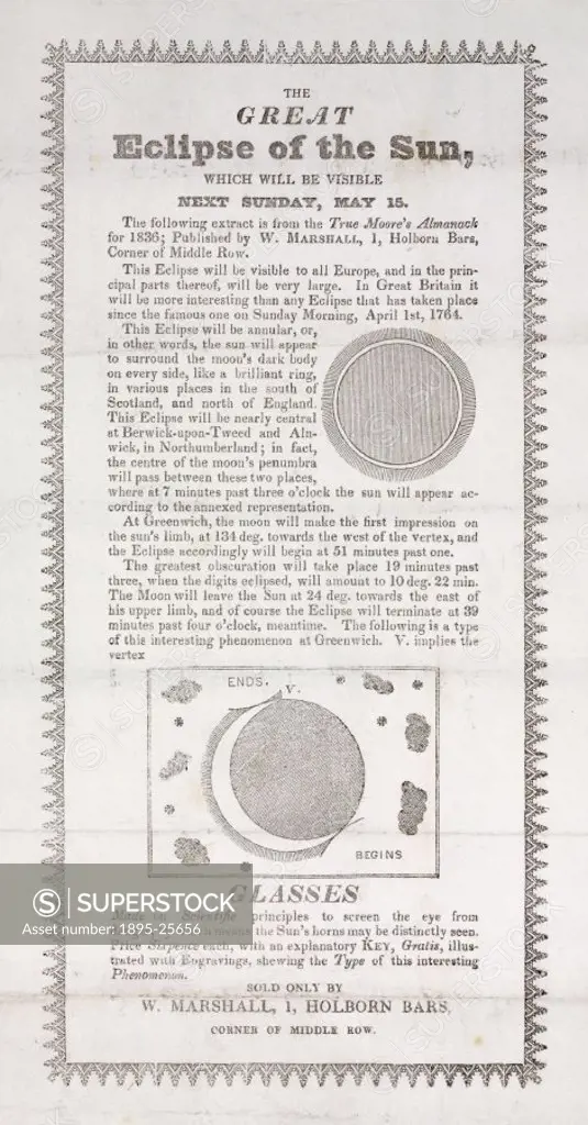 Broadsheet titled ´The Great Eclipse of the Sun´. This advertises the forthcoming solar eclipse on the 15 May 1836, visible from central Scotland and ...