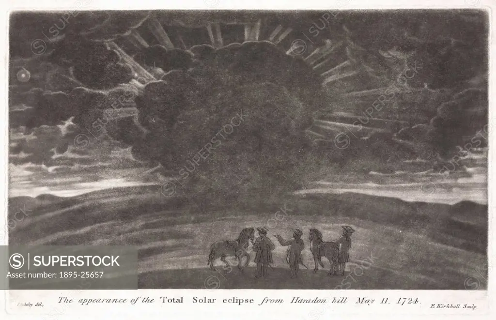 Print by E Kirkhall showing a group of riders dismounted from their horses observing a total solar eclipse. The title of the mezzotint indicates that ...